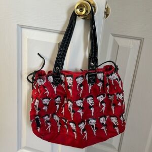 Betty Boop 2008 Red Shoulder Purse with faux leather straps and drawstrings